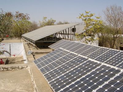 An array of solar energy panels, they power the campus.